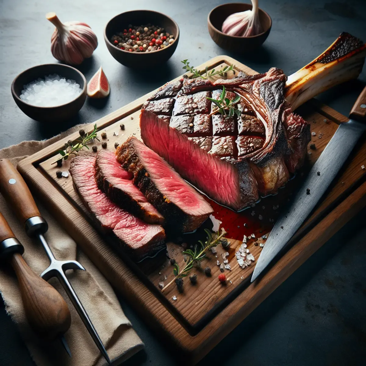 Sliced tomahawk steak with deep crust and rosy interior