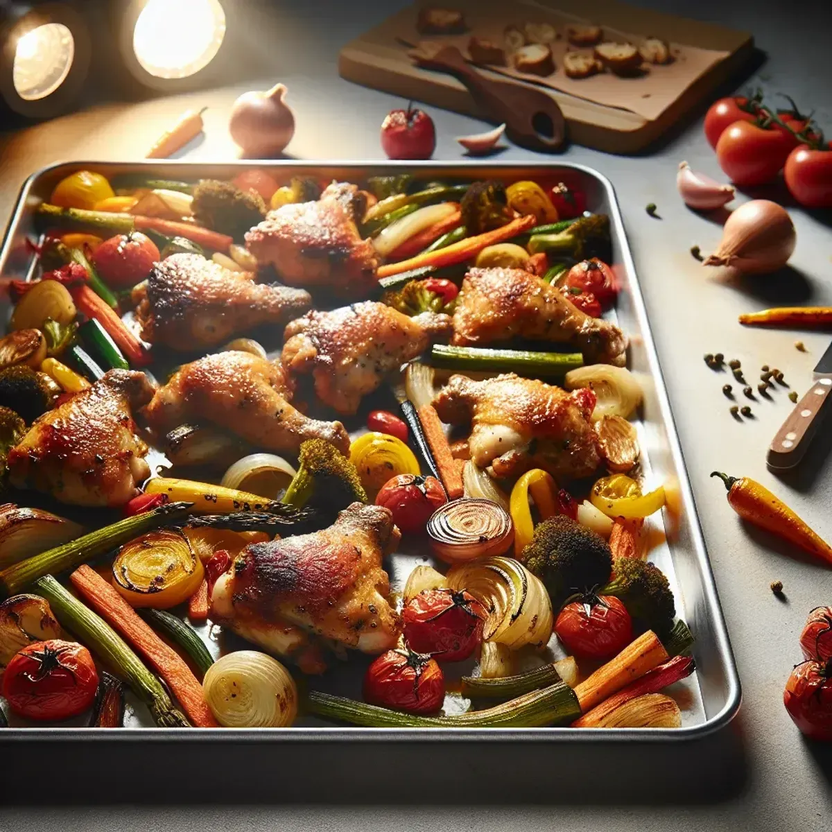 Crispy roasted vegetables and chicken thighs on a sheet pan