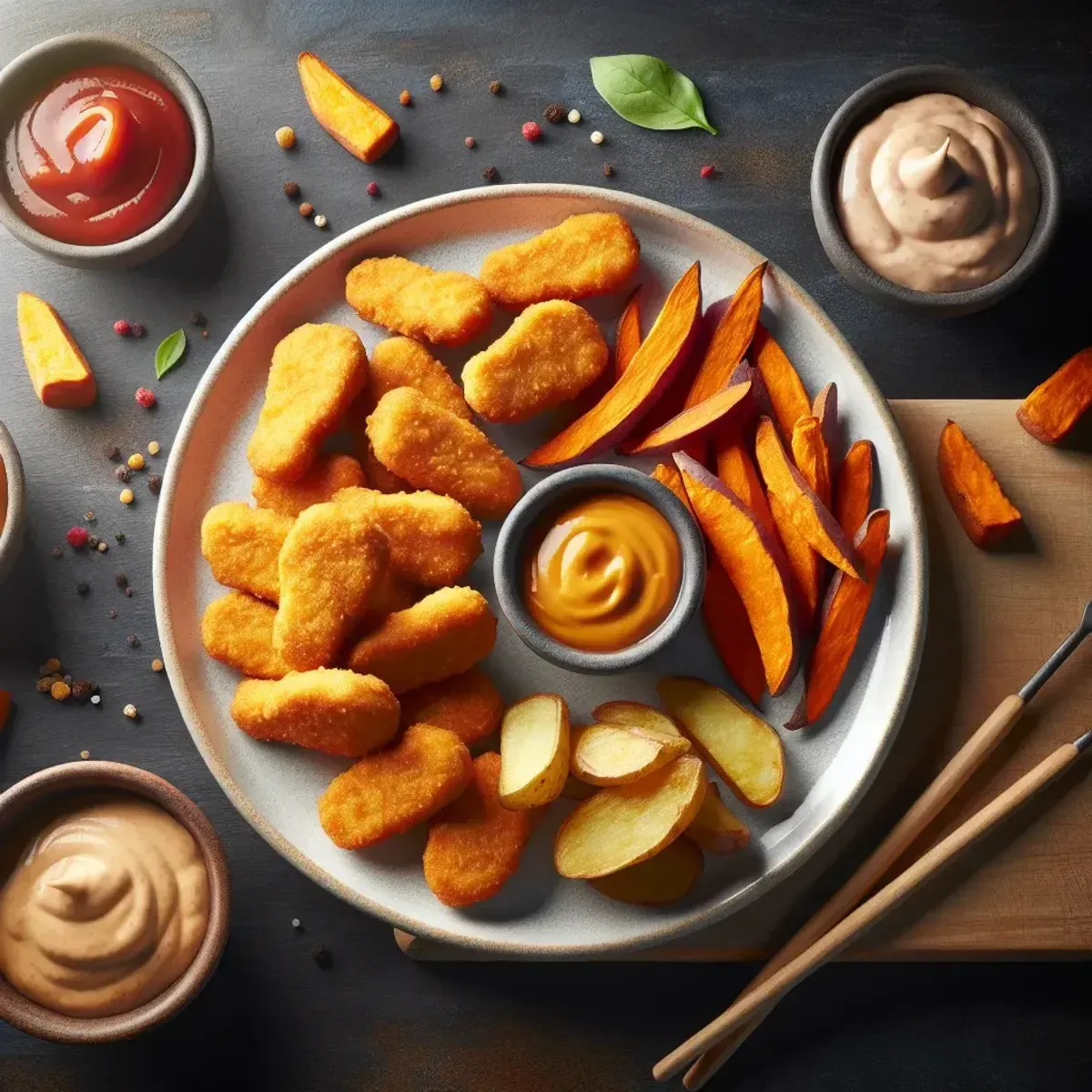 Close-up of baked chicken nuggets and sweet potato wedges with dipping sauces