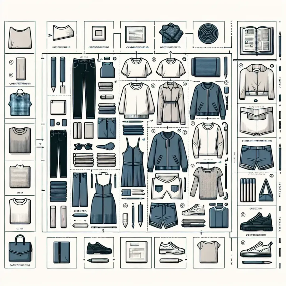 A grid of capsule wardrobe pieces and outfit formulas producing multiple combinations