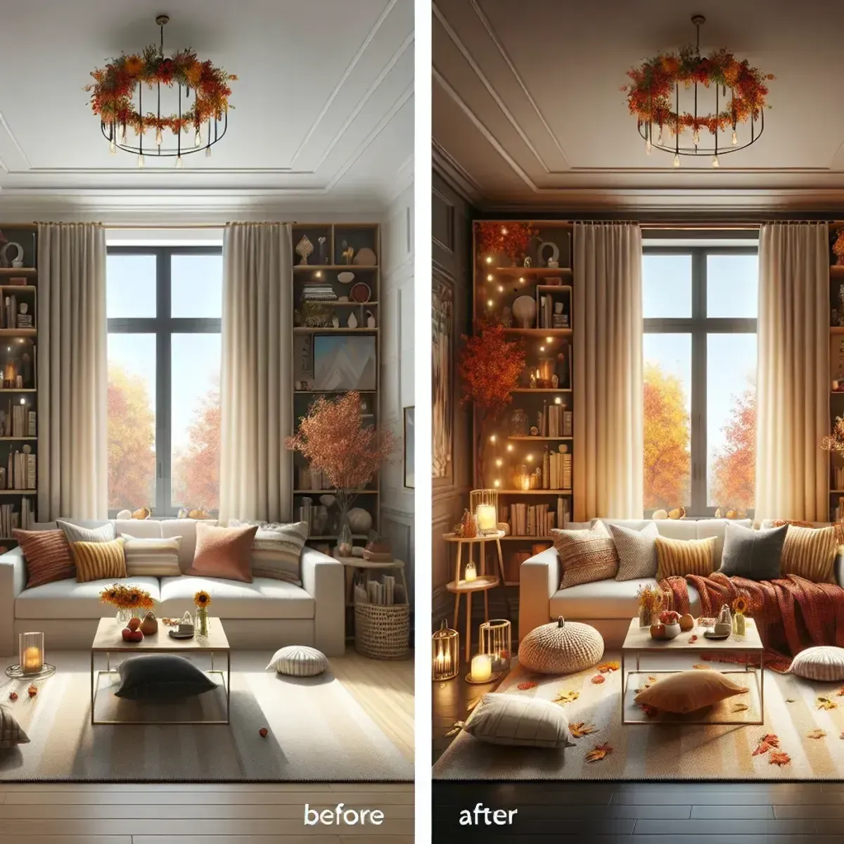 Before-and-after vignette with seasonal textiles and lighting