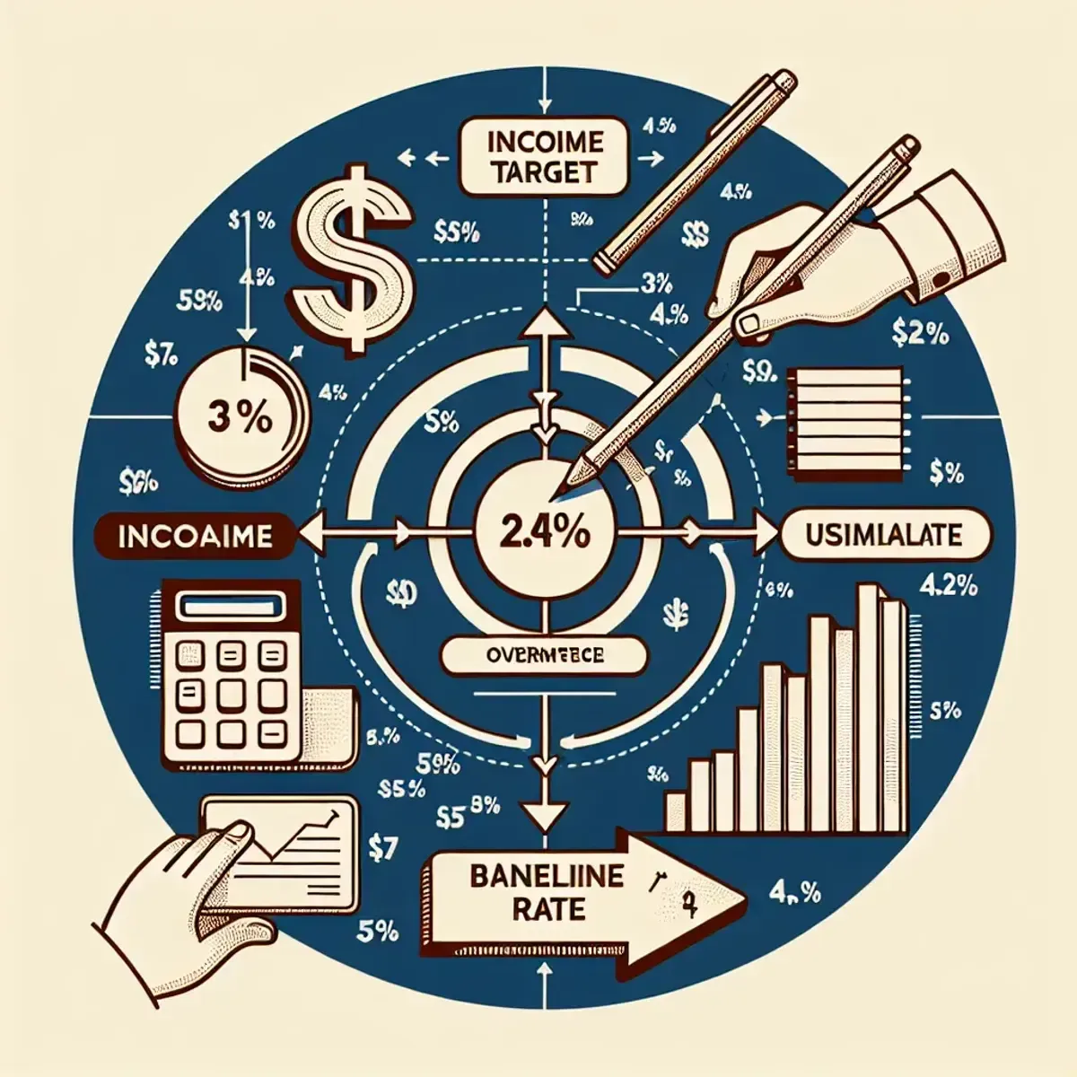 Pricing math visual: income target, overhead, utilization -> baseline rate