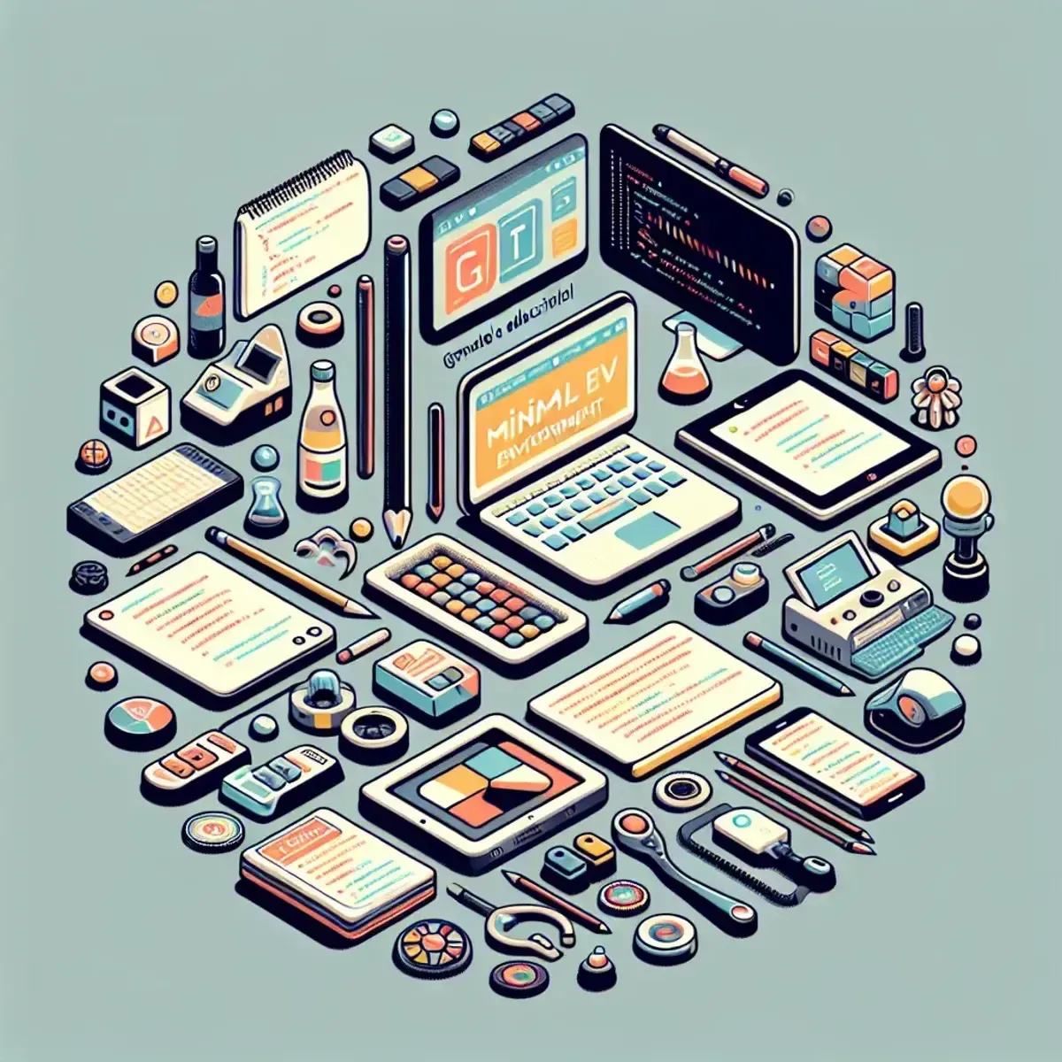 A minimal dev environment: editor, terminal, Git, language runtime, and test runner