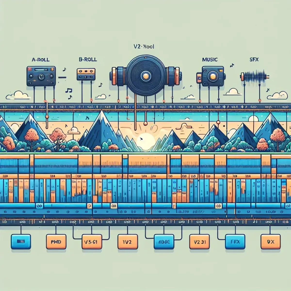 Timeline view with A-roll, B-roll on V2, music, and SFX tracks labeled