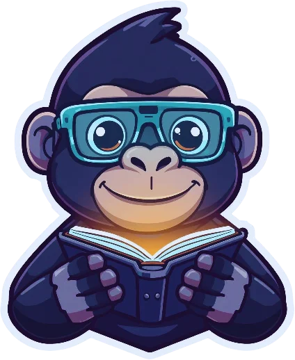 Tutorilla mascot - a friendly gorilla with glasses reading a book